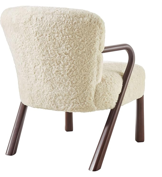 Modway Arden Faux Shearling Upholstered Accent Armchair in Ecru – Mid-Century Modern Fuzzy Lounge Chair with Curved Wood Frame