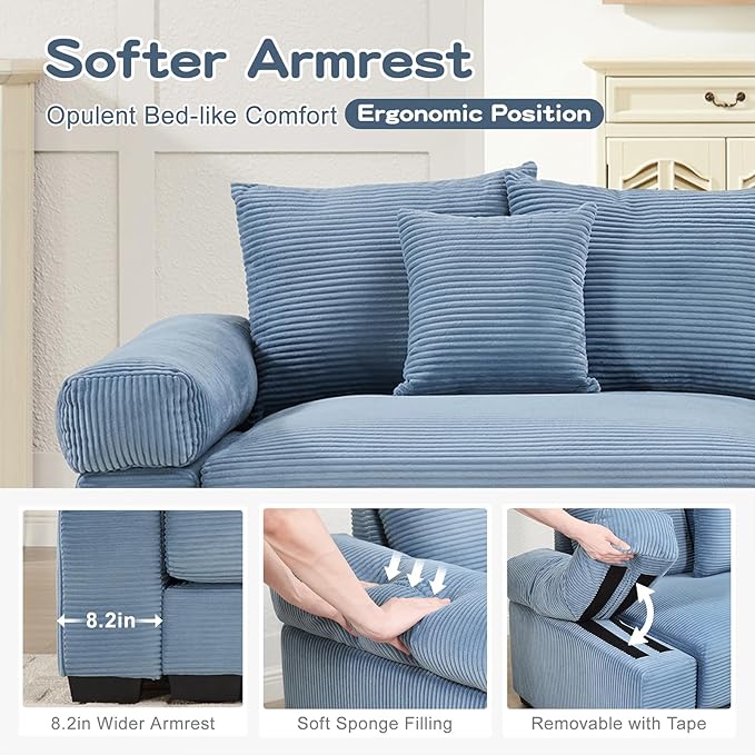130 Corduroy Sectional Couches for Living Room Blue Comfortable Oversized Sectional Sofa Set with Deep Seat Large 3 Seater Couch Sofas para Sala Modern Corduroy Couch Set