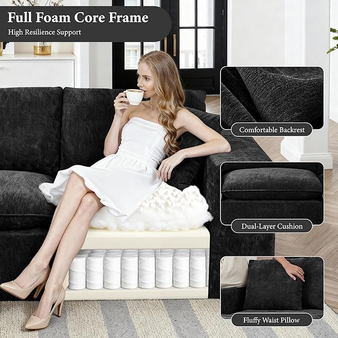 110 Sectional Couches for Living Room Boneless Couch Upholstered Cloud Couch Sectional Modular Sectional Sofa with L Shaped (Chenille-Black 3 Seat+2 Ottoman)
