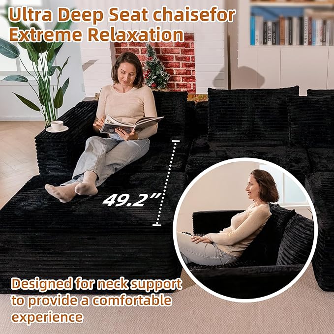 110 Modular Sectional Boneless Sofa with 2 Ottomans Corduroy U-Shaped Modular Sectional Sofa Convertible Cloud Couch with Deep Seats No Assembly Required (Black 110 3Seat+2 0ttoman)