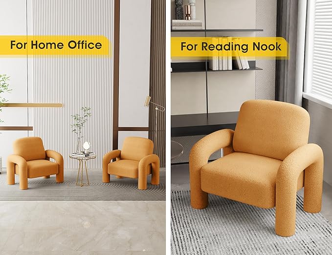 Modern Sherpa Accent Chair Teddy Upholstered Arm Single Sofa Cozy Fluffy Reading Chair for Living Room Bedrooms Corner (Yellow)