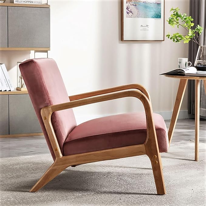 Classic Mid Century Modern Accent Chairs for Living Room or Bedroom Espresso Open ed Armchair with Plush Cushioning and Velvet Fabric Rose