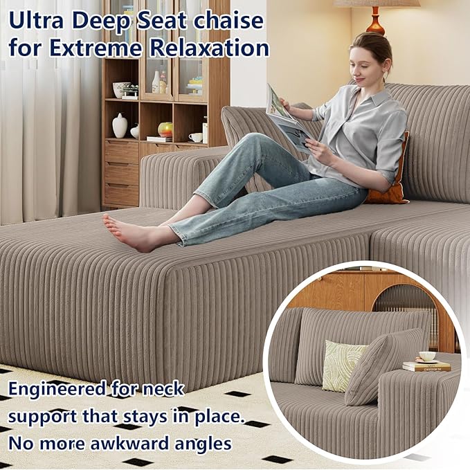 Modular Sectional Sofa Cloud Sectional Couch 96 Comfy Fluffy L-Shaped Couches for Living Room Deep Seat Memory Foam Plush Corduroy Boneless Couch Sectionals No Assembly (CamelLeft-Facing Chaise)