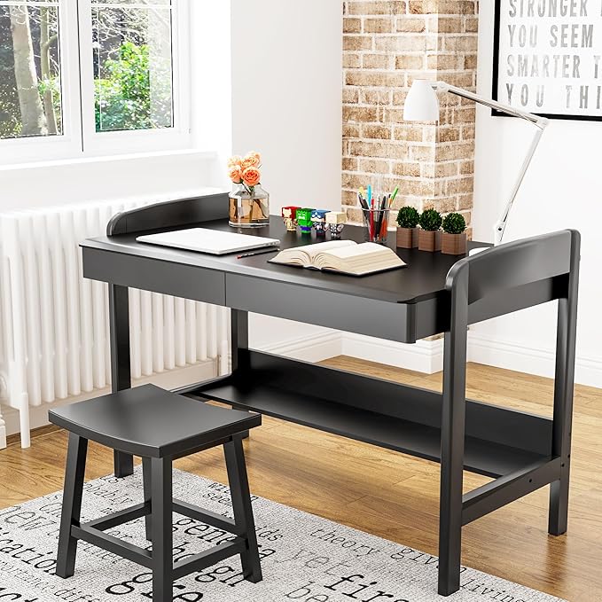 100% Solid Wood Desk with Drawers - 40 Inch Simple Modern Desks Writing Desk with Drawers &amp Shelf Work Study Table Adjustable Height Home Office Computer Desks - Black