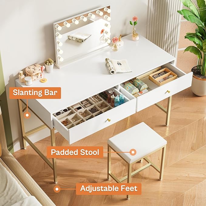 SUPERJARE 43-inch Modern White &amp Gold Desk - 2 Drawer Vanity Computer &amp Home Office Study Desk for Writing &amp Bedroom