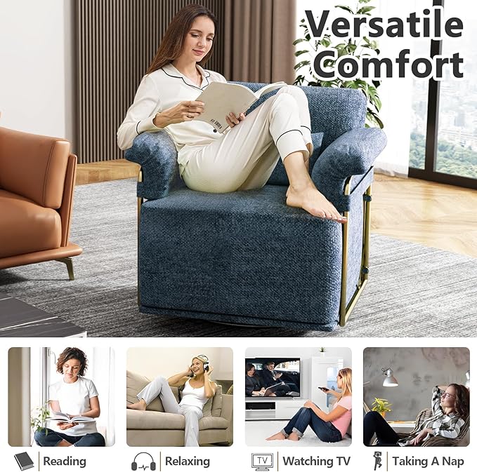 Swivel Accent Chairs 360 Swivel arm Chairs for Bedroom Club Chair with Back Gold Frame Tall Base for Office and Living Room (Blue)