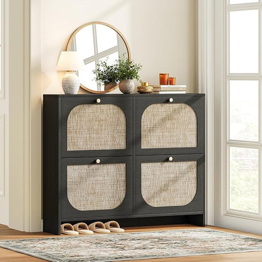 Nicetree Shoe Storage Cabinet for Entryway Rattan Vintage Flip Shoe Rack- 4 Flip Drawers &amp 3-Tier Adjustable ShelvesBoho Shoe Organizer for 28-36 Pairs - Fits Size 12 Boots 9.5 Ultra Slim
