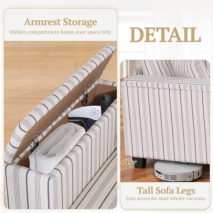 97 Stripe Pattern Sectional Corner Sofa with Storage Armrests &amp 2 Pillows Oversized Modular Couch V-Shape Sofa Upholstered L-Shape Couch 5-Seat Sectional for Living Room Apartment Bedroom