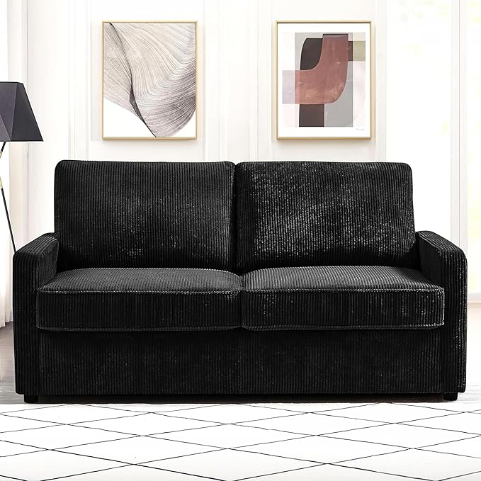 Reversible Sleeper Sofa Bed with Comfortable Memory Foam Mattress Convertible Corduroy Full Size Pull Out Couch for Living Room Space Saving Furniture 70 Wide Rectangular Arms Black