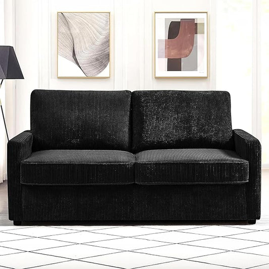 Reversible Sleeper Sofa Bed with Comfortable Memory Foam Mattress Convertible Corduroy Full Size Pull Out Couch for Living Room Space Saving Furniture 70 Wide Rectangular Arms Black