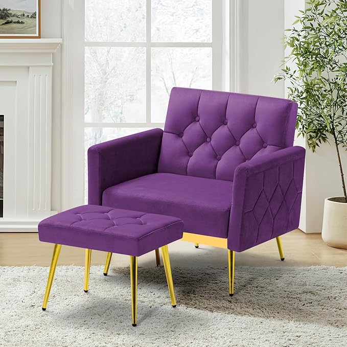 Velvet Accent Chair w/Adjustable Armrests and Backrests Tufted Single Sofa with Ottoman Upholstered Reading Chiar for Living Room Apartment Bedroom Purple