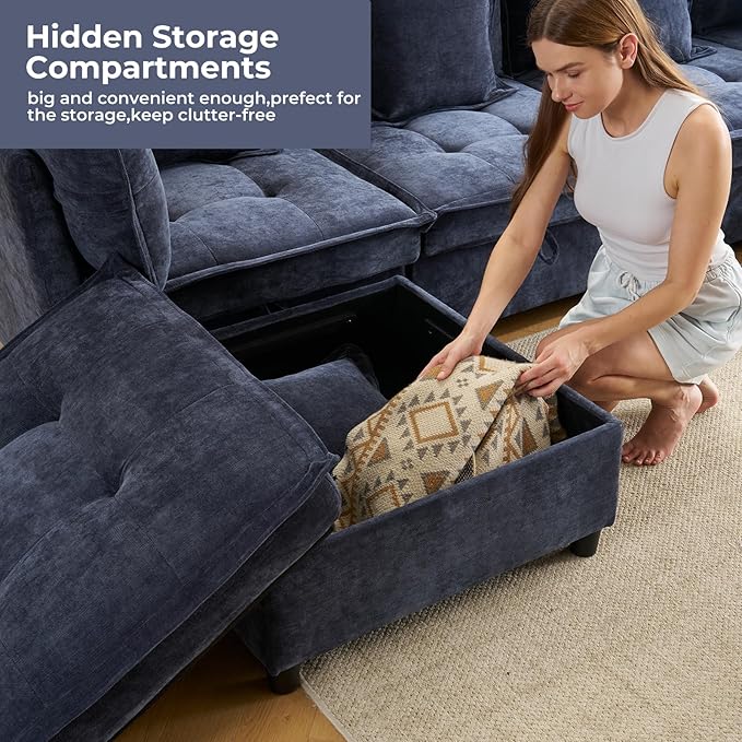 103 Modular Sectional Sofa L-Shaped Corduroy Comfy Sectional Couches for Living Room 3-Seater Cloud Couches with 1 Ottoman Modern Deep Seat Sofa with Large Storage Blue