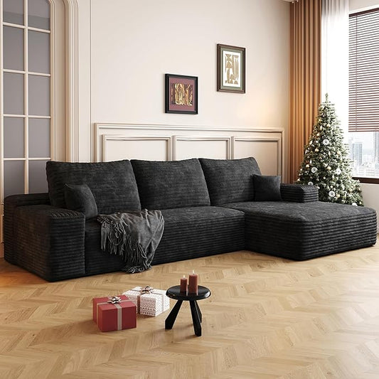 108’’Cloud Couch Sectional with L-Shape Chaise Modern Modular Sectional Sofa Boneless Couch with Deep Seat Modern Upholstered Couches for Living Room (Black 108''W Right Facing Chaise)