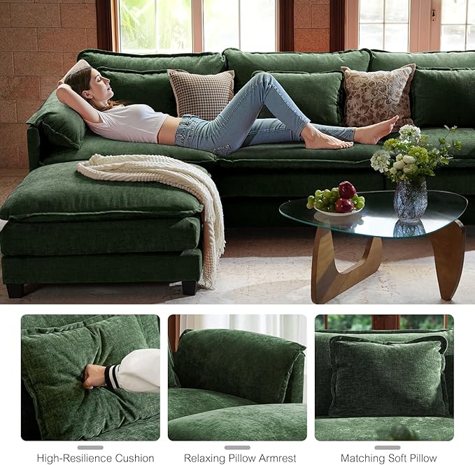 ELUCHANG 150 Oversized Modular Sectional Sofa Comfy U Shaped Cloud Couch with Removable Cover 6-Seat Deep Seat Modern Sofa Couches for Living Room Bedroom and Apartment Chenille Green