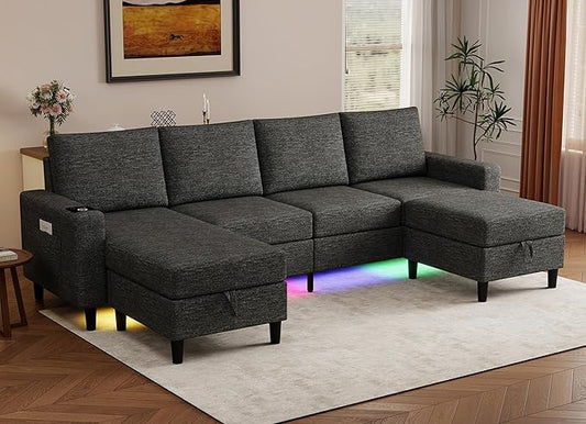 Smart Sectional Couches for Living Room 6 Seat U/L Shaped Sectional Sofa with RGB Light/Charging Modern Living Room Furniture for Apartments/Office/More (Dark Grey)