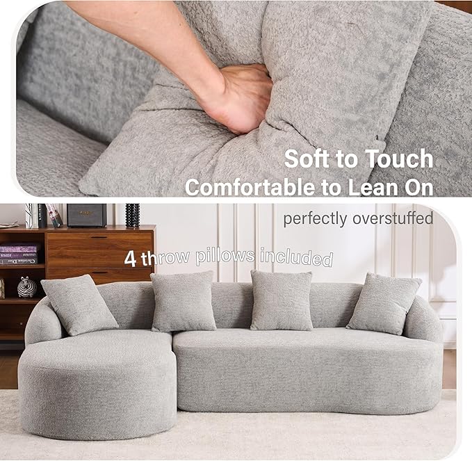 DEINPPA L Shape Modular Couch 3-Seater Chenille Comfy Couch with Throw Pillows Modern Cloud Sofa for Living Room Apartment-Light Gray