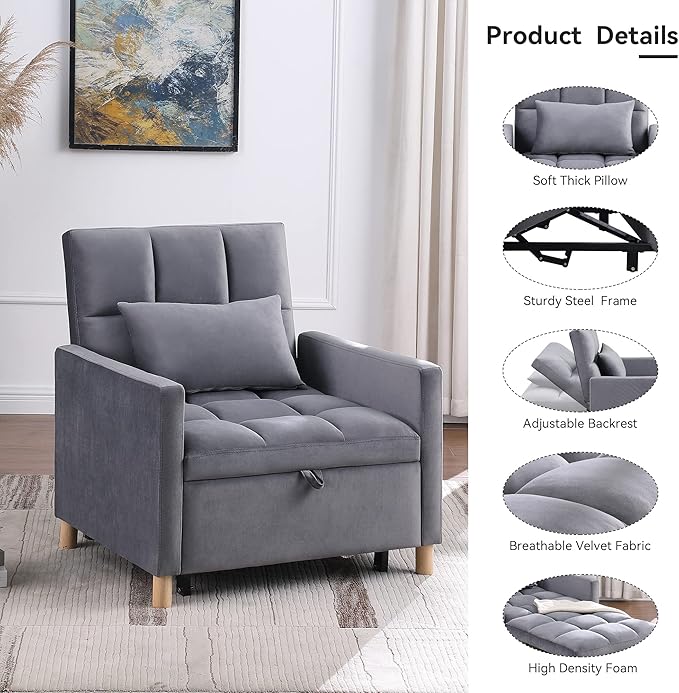 Sleeper Sofa Bed 3-in-1 Convertible Chair Bed Multi-Functional Sleeper Chair Soft Teddy Fabric for Living Room Apartment Office (Grey-Velvet)
