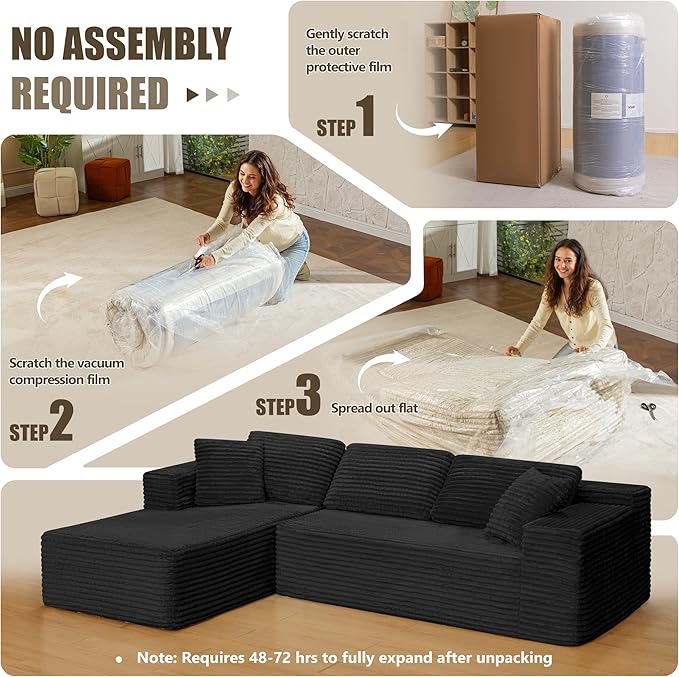 Bashaw 108 Cloud Sectional Couch Sofa with L-Shape Chaise Modern Modular Sofa Couch Upholstered Couches for Living Room Bedroom No Assembly Required (Black L Shape)