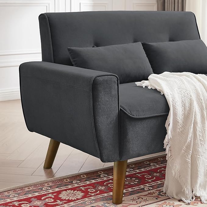 48 Loveseat Sofa 2 Seater Love Seat Mid Century Modern Small Couches for Living Room Bedroom Apartment 2 Throw Pillows and Plastic Legs Dark Grey