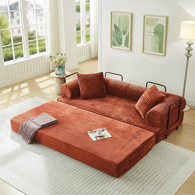78.5W Convertible Folding Sofa Bed Corduroy Upholstered Queen Size Foam Floor Couch with Fixed-Shaped Frame Loveseat Sleeper Compression Sofa Foldable Mattress for Living Room Bedroom(Orange)