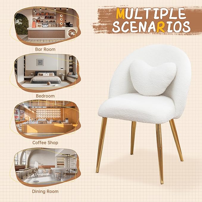 Vanity ChairAccent Makeup Comfy Cute Desk Girls Fluffy Chairs for Bedroom No Wheels Gold Metal Legs Stool (Teddy Beige)