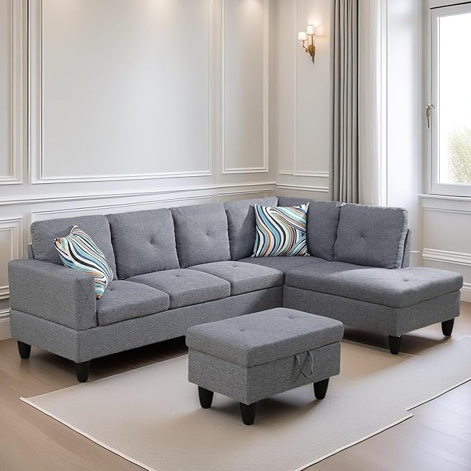 FONTOI L Shaped Sectional Couch Sofa Modern Couches for Living Room Comfy 4 Seat Modular Sectional Sofa with Ottoman Storage for Bedroom Apartment Gray