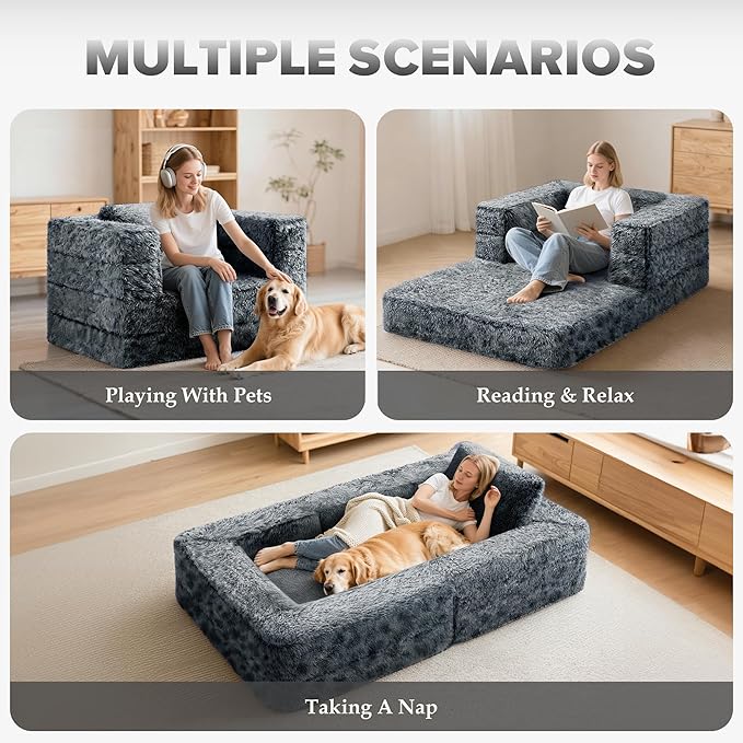 HABUTWAY Convertible Sofa Bed 3-in-1 Futon Sofa Bed with Pillow Foldable Pull Out Floor Sofa Bed with Removable Cover Plush Boneless Couch for Living Room/Bedroom/Dorm
