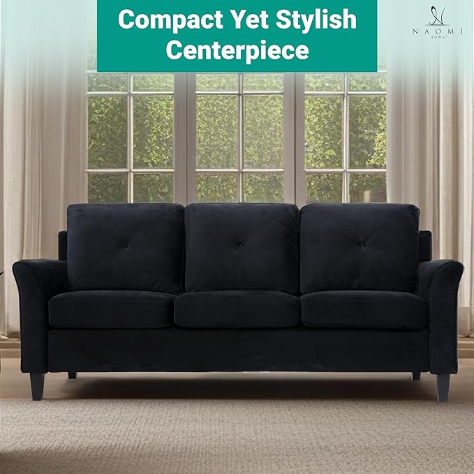 Naomi Home Raelynn Button Tufted Sofa Affordable Black Modern Sofa - Microfiber Couch for Small Spaces Cama para Sala Modernos Baratos - Durable Sturdy Living Room Furniture Tool - Free Assembly