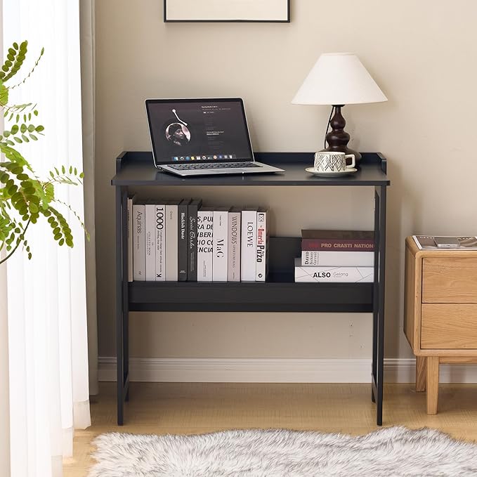KEIKI 32.6 Folding Table with Storage Shelf Foldable Computer Desk for Small Spaces Space-Saving Study Table for Bedroom Home Office Dorm and Apartment Black