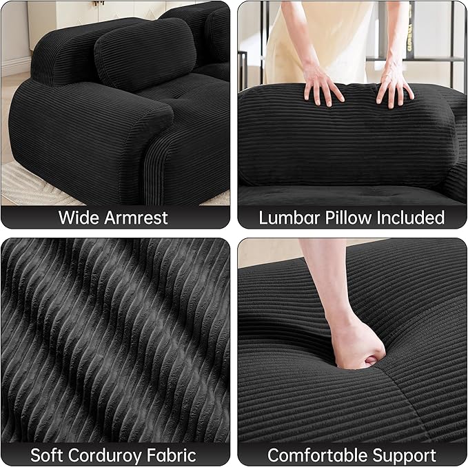 Cloud Sectional Couch Boneless U Shaped Couch 152.7'' Modular Sectional Sofa with Ottoman Modular Cloud Sofa 4 Seater Corduroy Deep Seat Couches for Living Room No Assembly Couches Black
