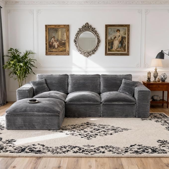 108'' Modular Sectional Sofa with Ottoman Corduroy Cloud Sectional Couches for Living Room High-Back Modern L Shaped Boneless Couch Deep Seat 3 Seater Sofa No Assembly Required Grey