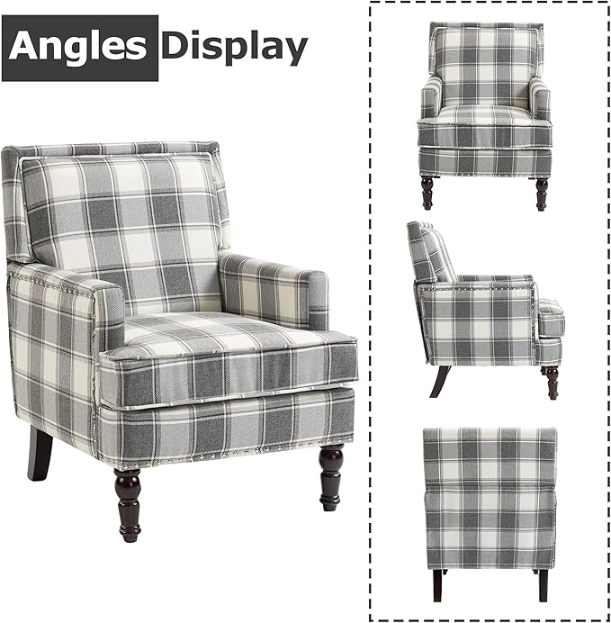 Accent Chair Plaid Modern Comfy Mid-Century Accent Chairs Upholstered Lounge Arm Chair with Solid Wood Frame for Living Room/Bedroom-Gray Plaid