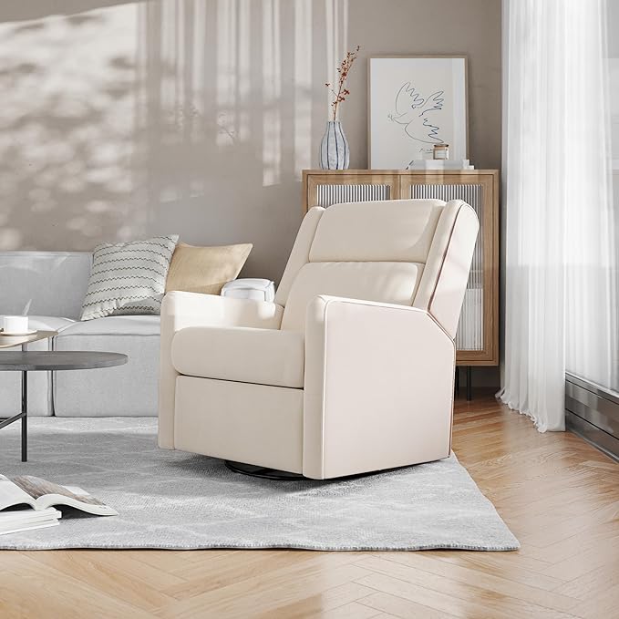 Flash Furniture Cash Swivel Glider Rocking Recliner Manual Recliner with 360 Degree Swivel for Living Room Bedroom or Nursery Fabric Upholstered Cream