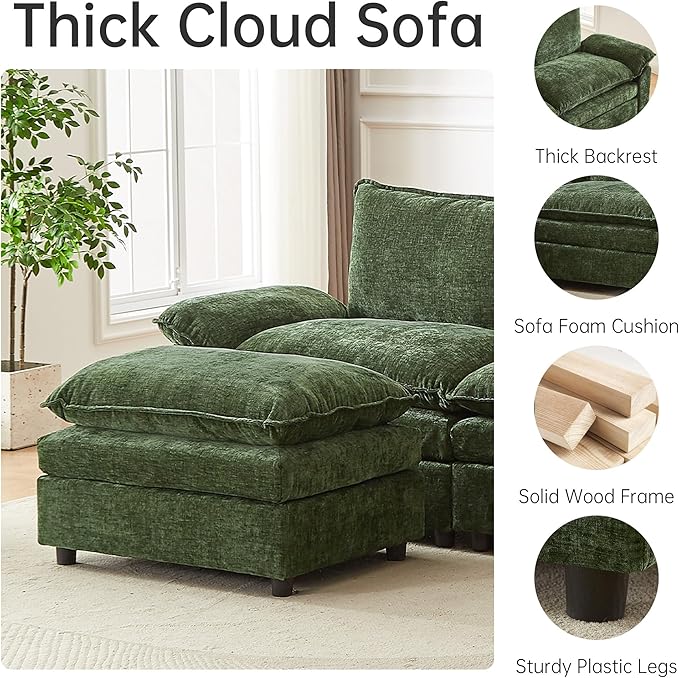 Modular Sectional Sofa 146.8 Inch U Shaped Couch Set with Armrests 4-Seater Comfy Cloud Boneless Couches with 2 Movable Ottomans for Living Room Apartment Dark Green