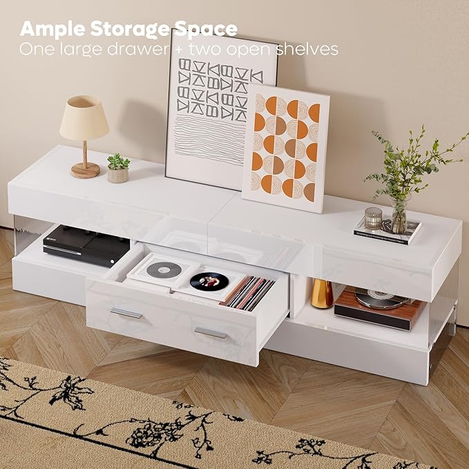 Bestier TV Stand for 55/60/65 Inch TV High Gloss Modern TV Stand with Stone-Patterned Side Panels LED Entertainment Center with Large Drawer TV Consoles for Living Room Bedroom (Glossy White)