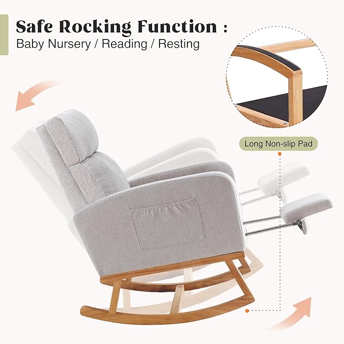 Rocking Chair Nursery with Foot Rest Nursing Rocking Chairs for Mom Breastfeeding Rocker Glider Chair with High Backrest for Living Room Bedroom Light Grey