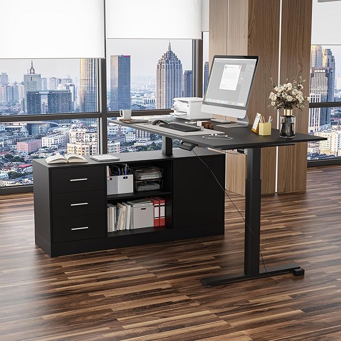 Homsee Home Office L Shaped Electric Standing Desk with Drawers and Shelves Height Adjustable &amp Shape Reversible Stand up Desk 63 Computer Executive Corner Table Black