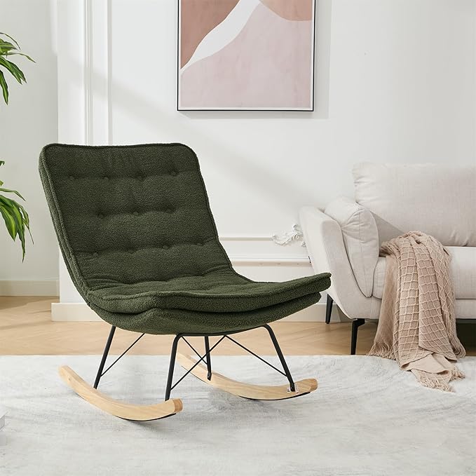 Lazy Rocking ChairComfortable Lounge Chair with Wide Backrest and Seat Wood Base Upholstered Armless Rocker Chair for Living Room BalconyBedroom and Patio Porch. (Dark Green)