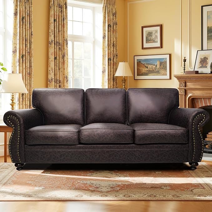 Mid-Century Vintage Sofa Couches with Rivet Design3-Seater SofaRemovable Sofa Cover Upholstered Cushions and Solid Wood Frame (Brown 3-Seater)