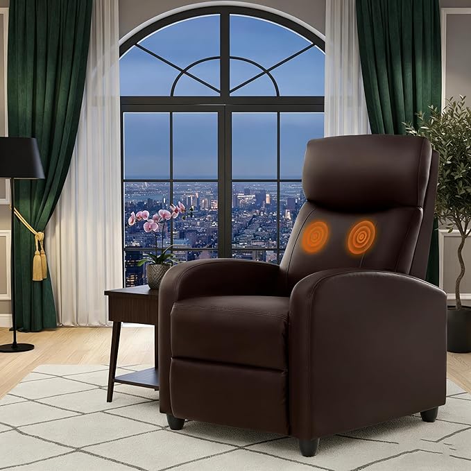 Simple Deluxe Massage Recliner Chair - Adjustable PU Leather Recliner Luxe Reading Chair &amp Sofa Chair for Living Room Chairs or Bedroom Chair Small Recliner for Home Theater Brown