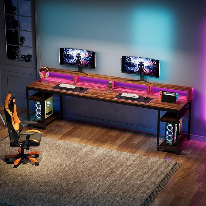 Tribesigns 78.74 Inches Extra Long Two-Person Desk Double Computer Desk with Monitor Stand and Storage Shelves Study Work Table for Home Office (Rustic Brown)