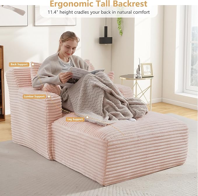 Oversized Chaise Lounge Chair Indoor Modern Corduroy Lounge Couch Comfy Upholstered Sleeper Sofa with Throw Pillows Fluffy Reading Chair Bed for Living Room Pink