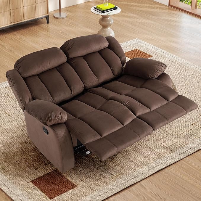 INZOY Manual Loveseat Recliner Sofa with Padded Armrest Wall-Hugger 2 Seat Reclining Love Seat Couches with Overstuffed Back Double Seater Reclining Chair for Living Room Theater Seating Brown