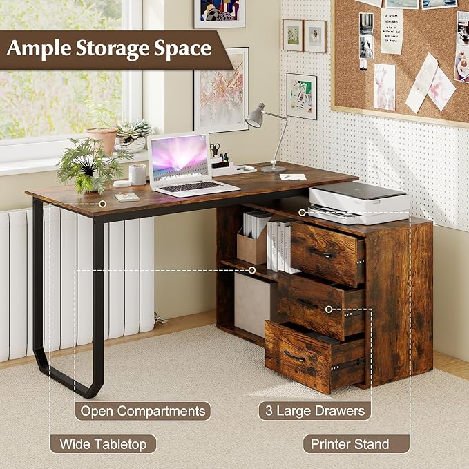 Giantex 55 Inch L-Shaped Desk with Charging Station Reversible Computer Desk with 3 Drawers Adjustable Shelf Large Computer Workstation Corner Desk for Small Spaces Home Office (Rustic Brown)