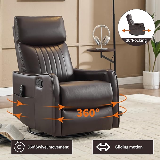with RockerManual Recliner ChairArtificial LeatherMetal BaseHeat Massage 360° Swivelwith backrest armrestsLiving Room