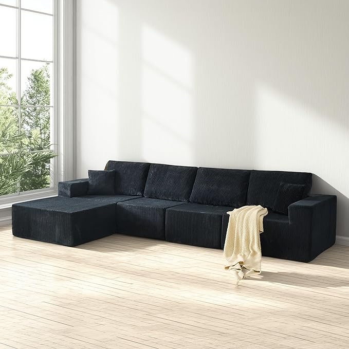 140 L Shaped Modular sectional couches SofaCorduroy Boneless Couches with Deep Seat and Movable OttomanComfy Cloud Sofa for Living Room BedroomNo Assembly (5 Seater Left Black)
