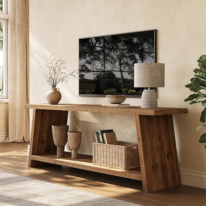 LITTLE TREE Solid Wood TV Stand Farmhouse Media Console for 55/60/65 inch TV 2-Tier Mid-Century Modern TV Stand with Storage for Living Room Entertainment Center (Walnut 63-Inch)