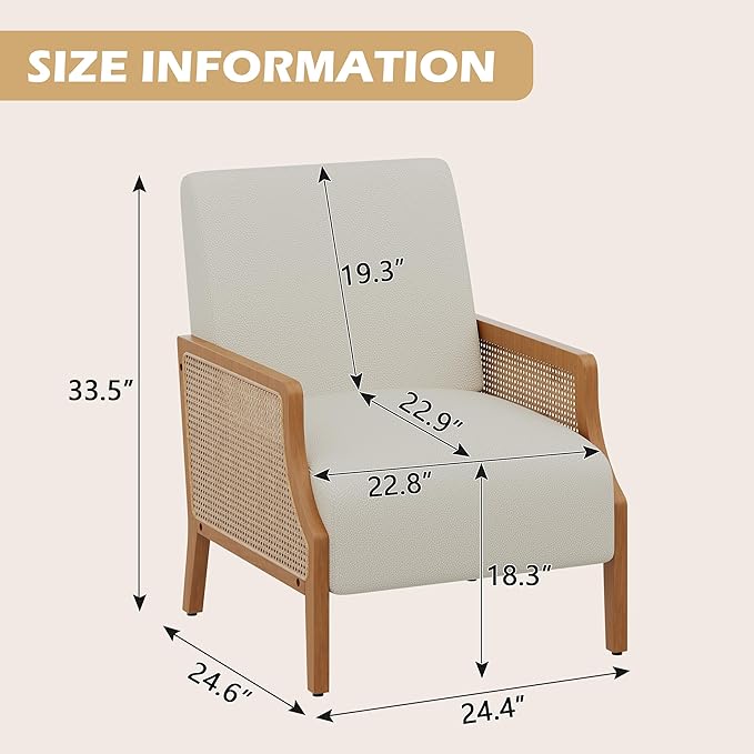 Aklaus Mid Century Accent Chair Set of 2 with Rattan Armrest Upholstered Living Room Chairs Lounge Fabric Reading Chairs Side Sitting Farmhouse Chair for Living Room Bedroom Balcony Beige