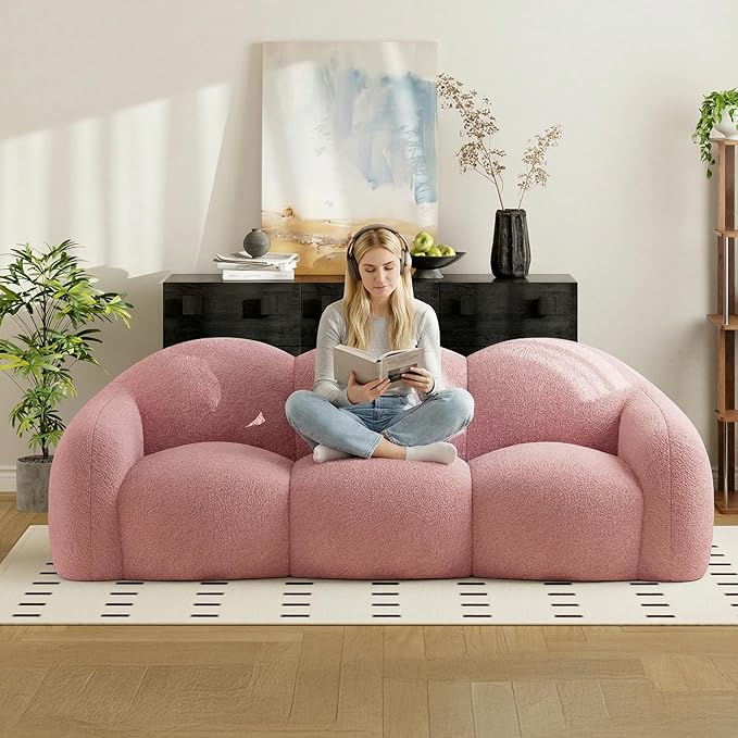 90.55 Inches 3-Seater Sofa Couch Modern Teddy Plush Boneless Sofa in a Box Soft Couches for Living Room Apartment No Assembly for Small Spaces Pink