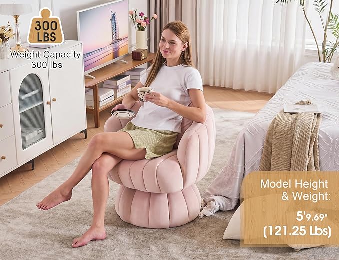 Mid Century Modern 360 Degree Barrel Swivel Accent Sofa ChairFluffy Velvet Fabric Lounge Wide Upholstered Pumpkin Reading Chair Round Cloud Armchair for Living RoomBedroomVanity(Pink)
